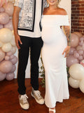 White Ruched Off Shoulder Backless Bodycon Elegant Cocktail Party Gown Maternity Photoshoot Baby Shower Maxi Dress Maternity
