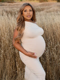 Apricot Irregular Side Slit Asymmetric Shoulder Bodycon Elegant Babyshower Dress Photoshoot Maternity Maxi Dress Maternity