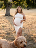 Apricot Irregular Side Slit Asymmetric Shoulder Bodycon Elegant Babyshower Dress Photoshoot Maternity Maxi Dress Maternity