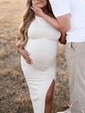 Apricot Irregular Side Slit Asymmetric Shoulder Bodycon Elegant Babyshower Dress Photoshoot Maternity Maxi Dress Maternity