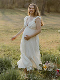 Solid Color Ruffle Backless High Waist V-Neck Vacation Gown Photoshoot Maternity Maxi Dress Maternity