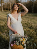 Solid Color Ruffle Backless High Waist V-Neck Vacation Gown Photoshoot Maternity Maxi Dress Maternity