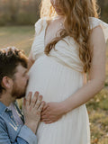 Solid Color Ruffle Backless High Waist V-Neck Vacation Gown Photoshoot Maternity Maxi Dress Maternity