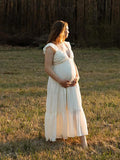 Solid Color Ruffle Backless High Waist V-Neck Vacation Gown Photoshoot Maternity Maxi Dress Maternity