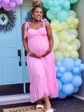 Solid Color Tulle Spaghetti Strap Backless Ruffle Lace-up Grenadine Photoshoot Gown Baby Shower Maternity Maxi Dress Maternity