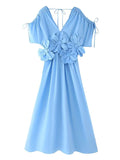 Blue 3D Flowers Fleated Drawstring Big Swing Deep V-neck Elegant Holiday Vacation Maternity Photoshoot Baby Shower Maxi Dress Maternity