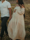 Flowy Off Shoulder Ruffle Falbala Side Slit Big Swing Lantern Sleeve Elegant Holiday Vacation Boho Maternity Photoshoot Baby Shower Maxi Dress Maternity