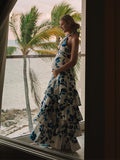 Blue Floral Cake Ruffle Tie Flowy Halter Neck Elegant Vacation Photoshoot Baby Shower Maternity Maxi Dress Maternity