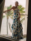 Blue Floral Cake Ruffle Tie Flowy Halter Neck Elegant Vacation Photoshoot Baby Shower Maternity Maxi Dress Maternity
