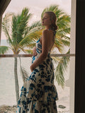 Blue Floral Cake Ruffle Tie Flowy Halter Neck Elegant Vacation Photoshoot Baby Shower Maternity Maxi Dress Maternity