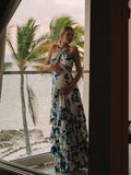 Blue Floral Cake Ruffle Tie Flowy Halter Neck Elegant Vacation Photoshoot Baby Shower Maternity Maxi Dress Maternity