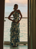 Blue Floral Cake Ruffle Tie Flowy Halter Neck Elegant Vacation Photoshoot Baby Shower Maternity Maxi Dress Maternity
