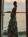 Blue Floral Cake Ruffle Tie Flowy Halter Neck Elegant Vacation Photoshoot Baby Shower Maternity Maxi Dress Maternity