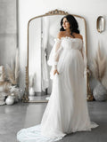 Off Shoulder Tulle Polka Dot Elegant Photoshoot Baby Shower Maternity Maxi Dress Maternity