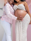 White Cross Chest Bandeau Backless Lace Crop Front Draped 2-in-1 Lace-up Bodycon Baby Shower Maternity Maxi Dress Maternity