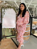 Pink Floral Smocked Mermaid Deep V-neck Lantern Sleeve Elegant Cocktail Party Maternity Photoshoot Baby Shower Maxi Dress Maternity