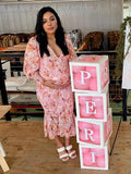 Pink Floral Smocked Mermaid Deep V-neck Lantern Sleeve Elegant Cocktail Party Maternity Photoshoot Baby Shower Maxi Dress Maternity