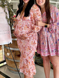 Pink Floral Smocked Mermaid Deep V-neck Lantern Sleeve Elegant Cocktail Party Maternity Photoshoot Baby Shower Maxi Dress Maternity