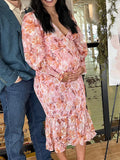 Pink Floral Smocked Mermaid Deep V-neck Lantern Sleeve Elegant Cocktail Party Maternity Photoshoot Baby Shower Maxi Dress Maternity