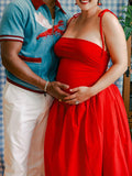 Solid Color Ruched Knotted Adjustable Strap Pockets Big Swing Drop-Waist Puffball Elegant Cocktail Party Gown Maternity Photoshoot Baby Shower Maxi Dress Maternity
