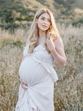 Boho Solid Color Ruffle Halter Neck Backless Tie Back V-Neck Holiday Gowns Photoshoot Maternity Maxi Dress Maternity