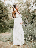 Boho Solid Color Ruffle Halter Neck Backless Tie Back V-Neck Holiday Gowns Photoshoot Maternity Maxi Dress Maternity