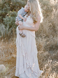 Boho Solid Color Ruffle Halter Neck Backless Tie Back V-Neck Holiday Gowns Photoshoot Maternity Maxi Dress Maternity