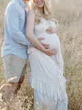 Boho Solid Color Ruffle Halter Neck Backless Tie Back V-Neck Holiday Gowns Photoshoot Maternity Maxi Dress Maternity