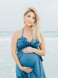 Boho Solid Color Ruffle Halter Neck Backless Tie Back V-Neck Holiday Gowns Photoshoot Maternity Maxi Dress Maternity