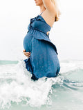 Boho Solid Color Ruffle Halter Neck Backless Tie Back V-Neck Holiday Gowns Photoshoot Maternity Maxi Dress Maternity