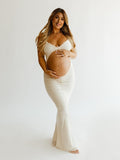 White Spaghetti Strap Backless Ruffle Crop Bodycon Cocktail Party Gown Photoshoot Maternity Maxi Dress Maternity