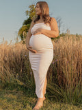 Solid Color Knitted Bandeau Side Slit Strapless Bodycon Elegant Daily Going Out Maternity Photoshoot Baby Shower Maxi Dress Maternity