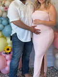 Solid Color Knitted Bandeau Side Slit Strapless Bodycon Elegant Daily Going Out Maternity Photoshoot Baby Shower Maxi Dress Maternity