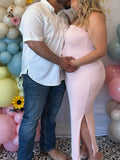 Solid Color Knitted Bandeau Side Slit Strapless Bodycon Elegant Daily Going Out Maternity Photoshoot Baby Shower Maxi Dress Maternity