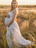 White Smocked Knotted Adjustable Strap Ruffle Falbala Babydoll Shirred Big Swing Elegant Baby Moon Going Out Boho Maternity Photoshoot Baby Shower Maxi Dress Maternity