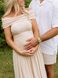 Apricot Off Shoulder Ruched Backless Boat Neck Cap Sleeve Splicing Elegant Boutique Holiday Gowns Photoshoot Maternity Maxi Dress Maternity