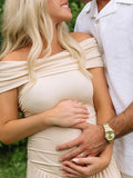 Apricot Off Shoulder Ruched Backless Boat Neck Cap Sleeve Splicing Elegant Boutique Holiday Gowns Photoshoot Maternity Maxi Dress Maternity