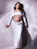 White 3D Flowers Cut Out Bodycon Elegant Photoshoot Baby Shower Maternity Maxi Dress Maternity