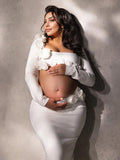 White 3D Flowers Cut Out Bodycon Elegant Photoshoot Baby Shower Maternity Maxi Dress Maternity