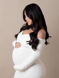 White Ruched Off Shoulder Backless Bowknot Bandeau Bodycon Mermaid Cocktail Party Bandage Babyshower Gowns Photoshoot Maternity Maxi Dress Maternity