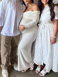 White Ruched Off Shoulder Backless Bowknot Bandeau Bodycon Mermaid Cocktail Party Bandage Babyshower Gowns Photoshoot Maternity Maxi Dress Maternity
