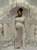 White Mesh Irregular Ruched Draped Off Shoulder Bodycon Elegant Cocktail Party Gown Maternity Photoshoot Baby Shower Maxi Dress Maternity
