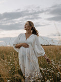 White Front Tie Up Deep V-neck Lantern Sleeve Loose Sundress Elegant Vacation Baby Moon Flowy Boho Maternity Photoshoot Baby Shower Maxi Dress Maternity