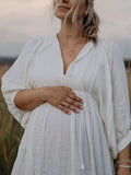 White Front Tie Up Deep V-neck Lantern Sleeve Loose Sundress Elegant Vacation Baby Moon Flowy Boho Maternity Photoshoot Baby Shower Maxi Dress Maternity