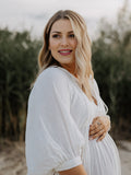 White Front Tie Up Deep V-neck Lantern Sleeve Loose Sundress Elegant Vacation Baby Moon Flowy Boho Maternity Photoshoot Baby Shower Maxi Dress Maternity