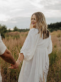 White Front Tie Up Deep V-neck Lantern Sleeve Loose Sundress Elegant Vacation Baby Moon Flowy Boho Maternity Photoshoot Baby Shower Maxi Dress Maternity