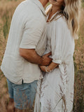 White Front Tie Up Deep V-neck Lantern Sleeve Loose Sundress Elegant Vacation Baby Moon Flowy Boho Maternity Photoshoot Baby Shower Maxi Dress Maternity