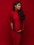 Solid Color Belt Splicing Ruched Draped Bodycon Mermaid Long Sleeve Going Out Photoshoot Maternity Maxi Dress Maternity
