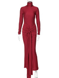 Solid Color Belt Splicing Ruched Draped Bodycon Mermaid Long Sleeve Going Out Photoshoot Maternity Maxi Dress Maternity