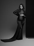 Solid Color Belt Splicing Ruched Draped Bodycon Mermaid Long Sleeve Going Out Photoshoot Maternity Maxi Dress Maternity